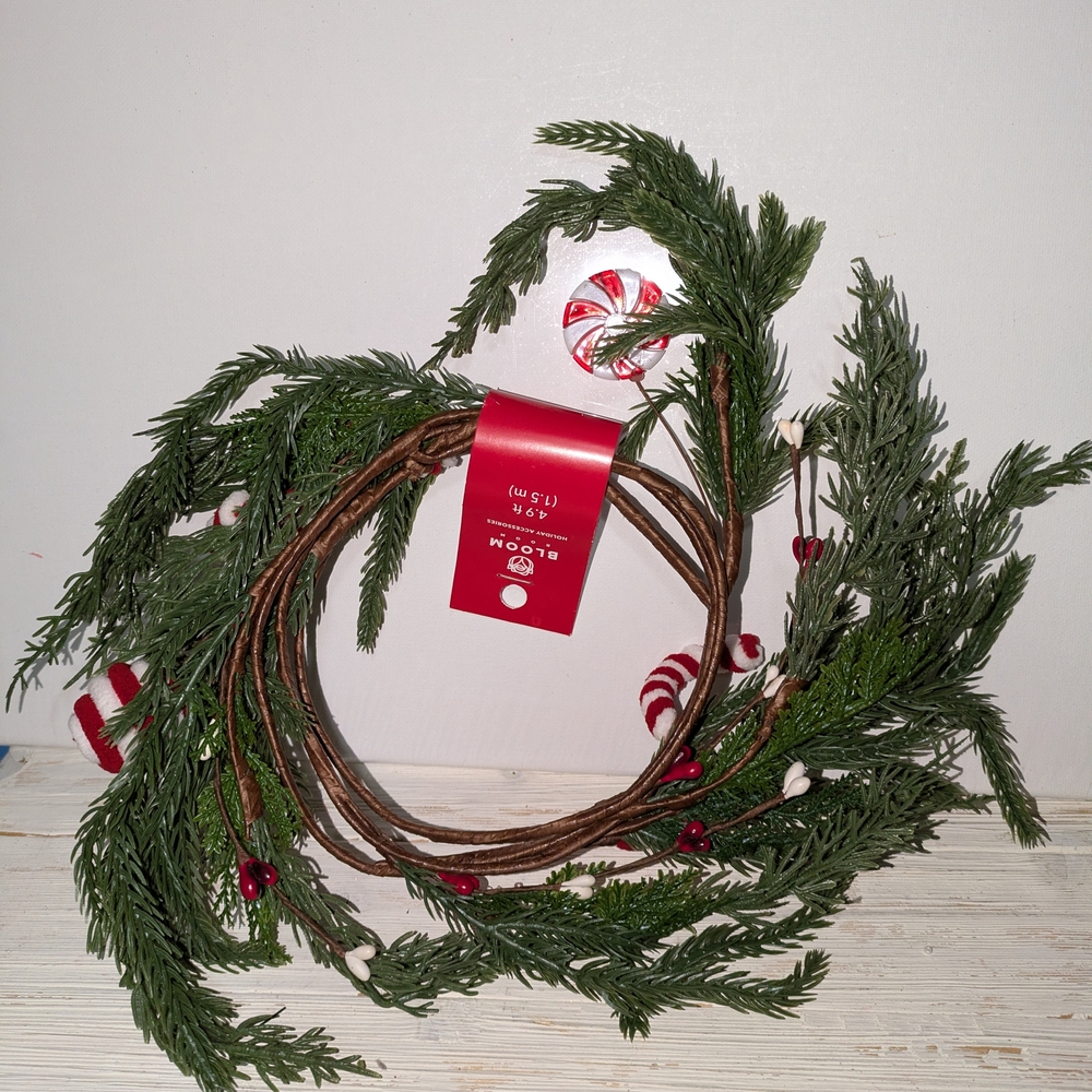 Nwt-Festive Holiday Garland with Greenery and Red &White Stripe Accents